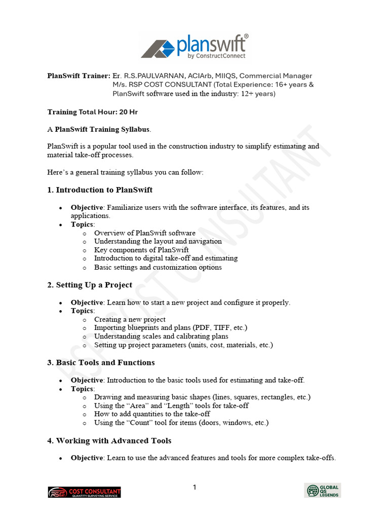 PlanSwift Training Syllabus Overview | PDF | Software | Computing
