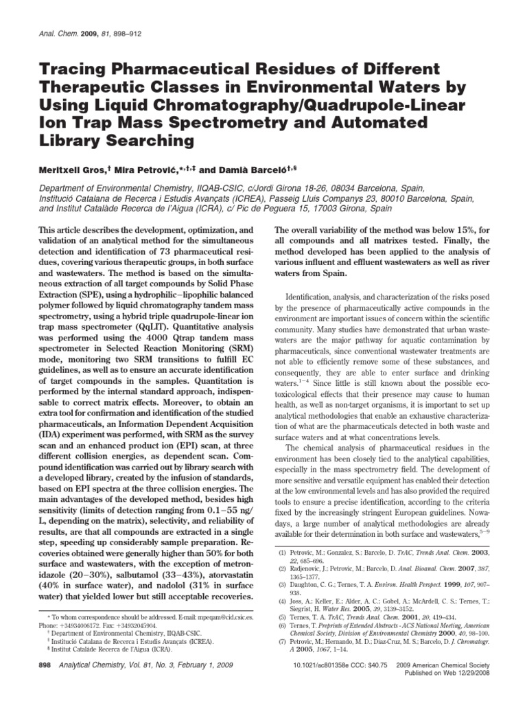 Pharmaceutical Residues in Water Analysis | PDF | High Performance ...