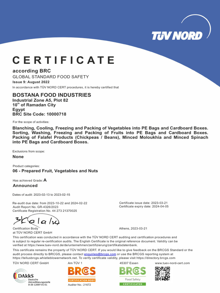 BRC Food Safety Certificate for Bostana | PDF