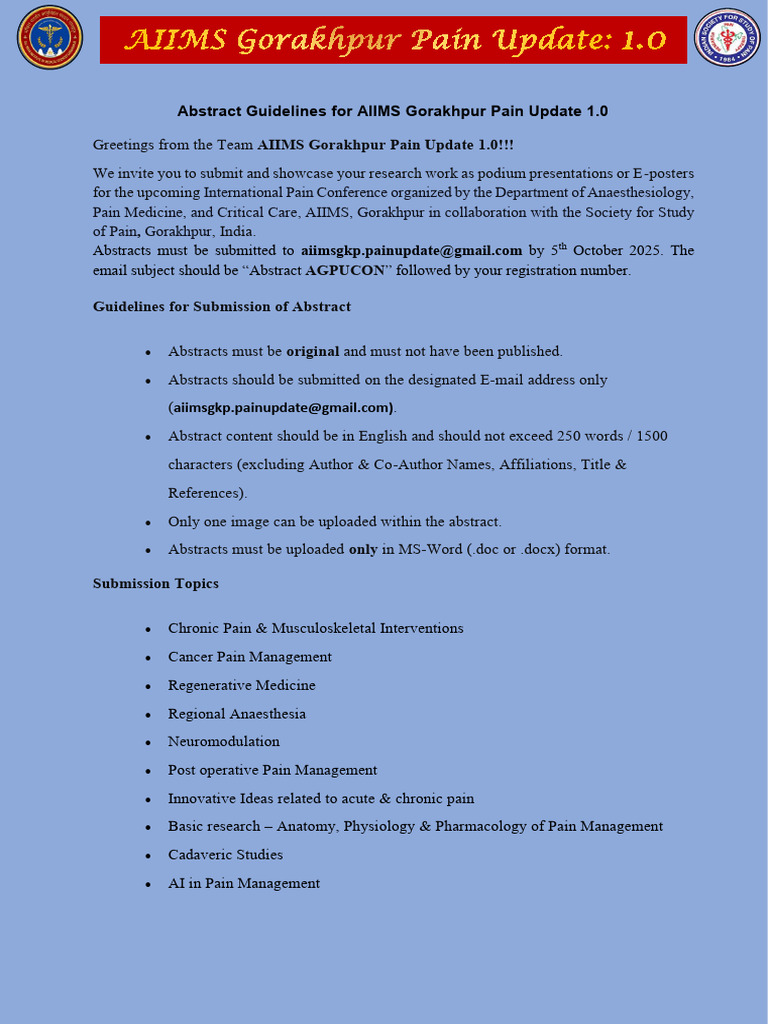 AIIMS Gorakhpur Pain Update Abstract Guidelines | PDF | Pain Management ...