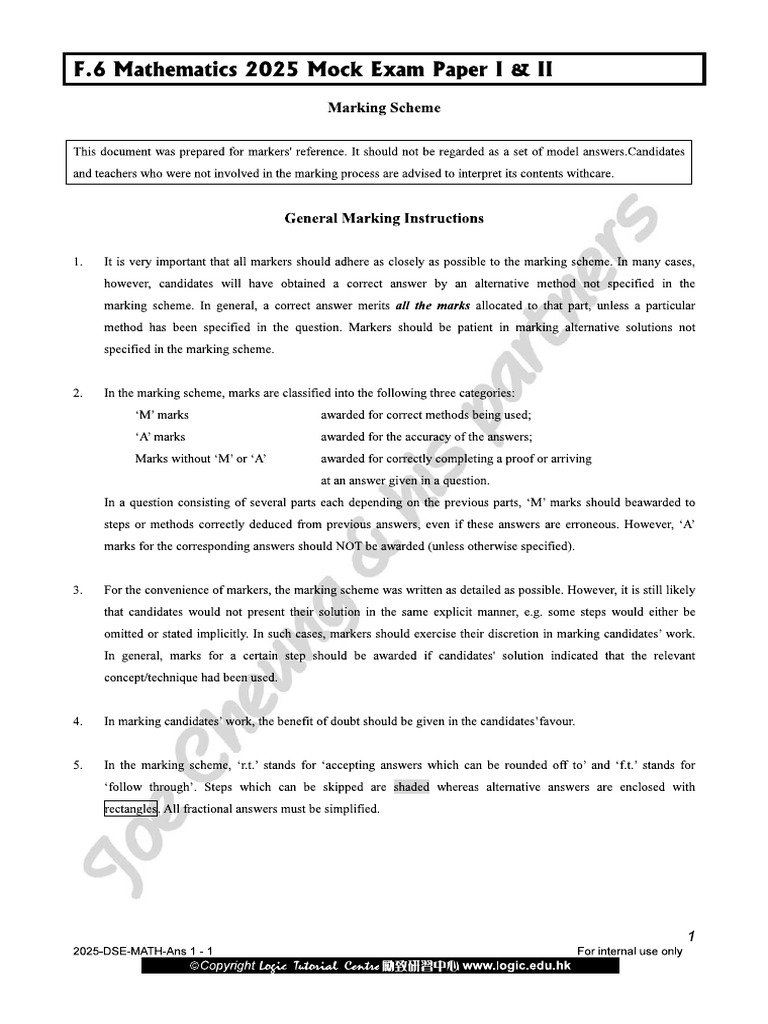 2025 F.6 Mathematics Mock Exam Solutions | PDF | Question | Mathematics