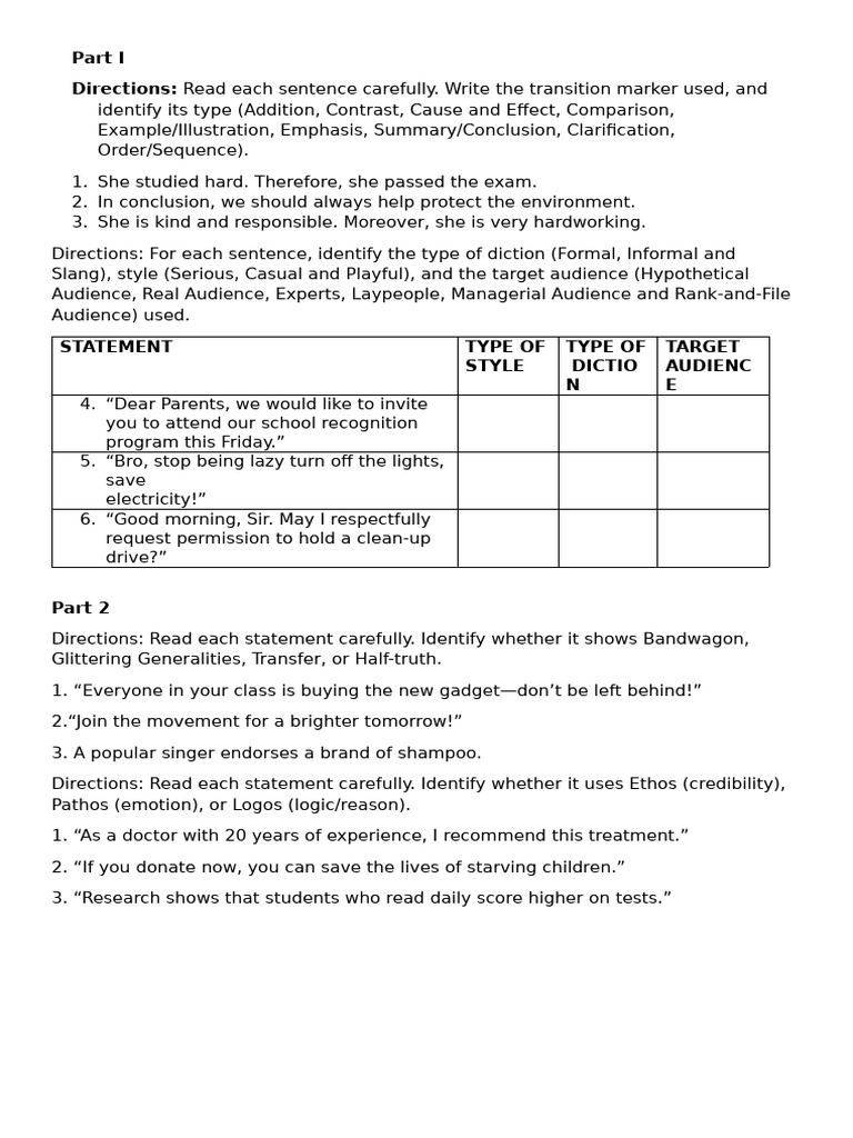 Transition Markers and Diction Analysis | PDF