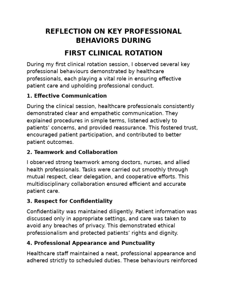 Reflection On Key Professional Behaviors During First Clinical Rotation ...
