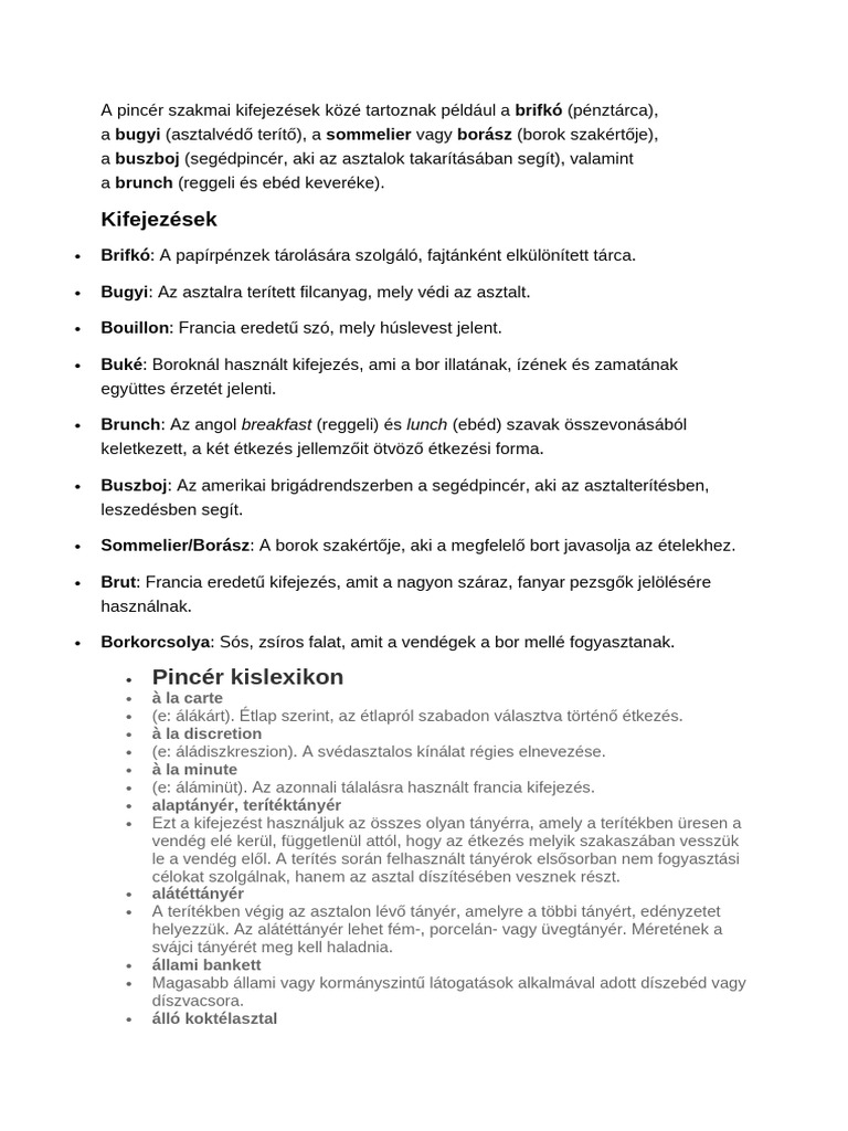 A Pincér Szakmai Kifejezések | PDF