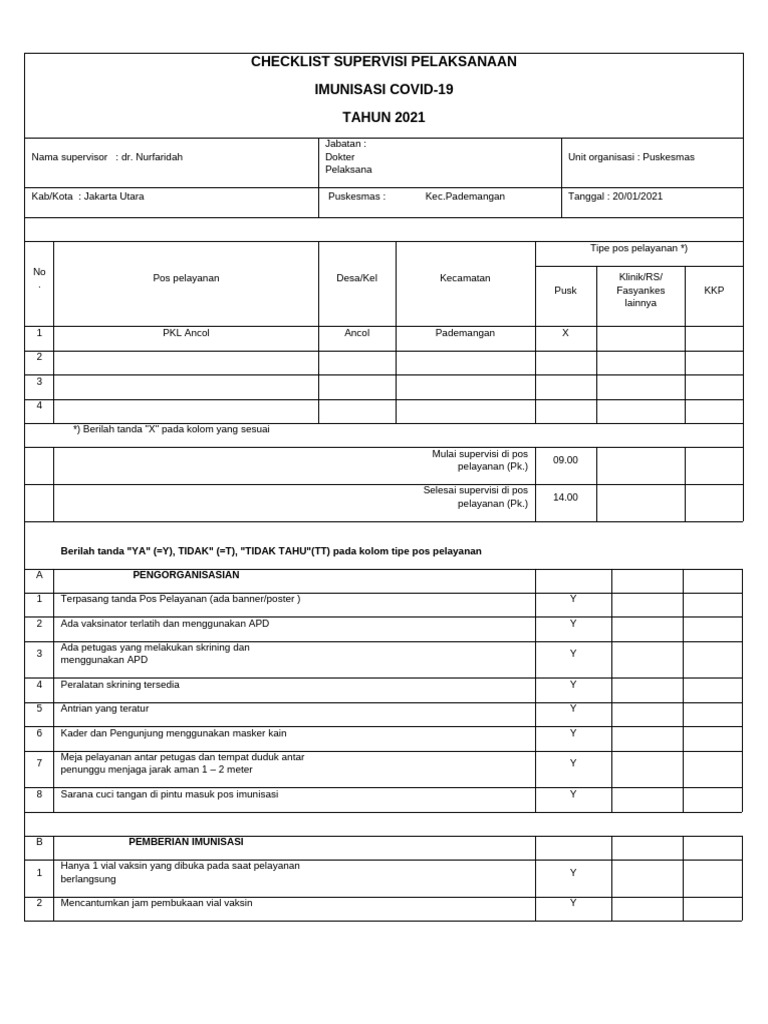 Checklist Supervisi Imunisasi COVID-19 2021 | PDF