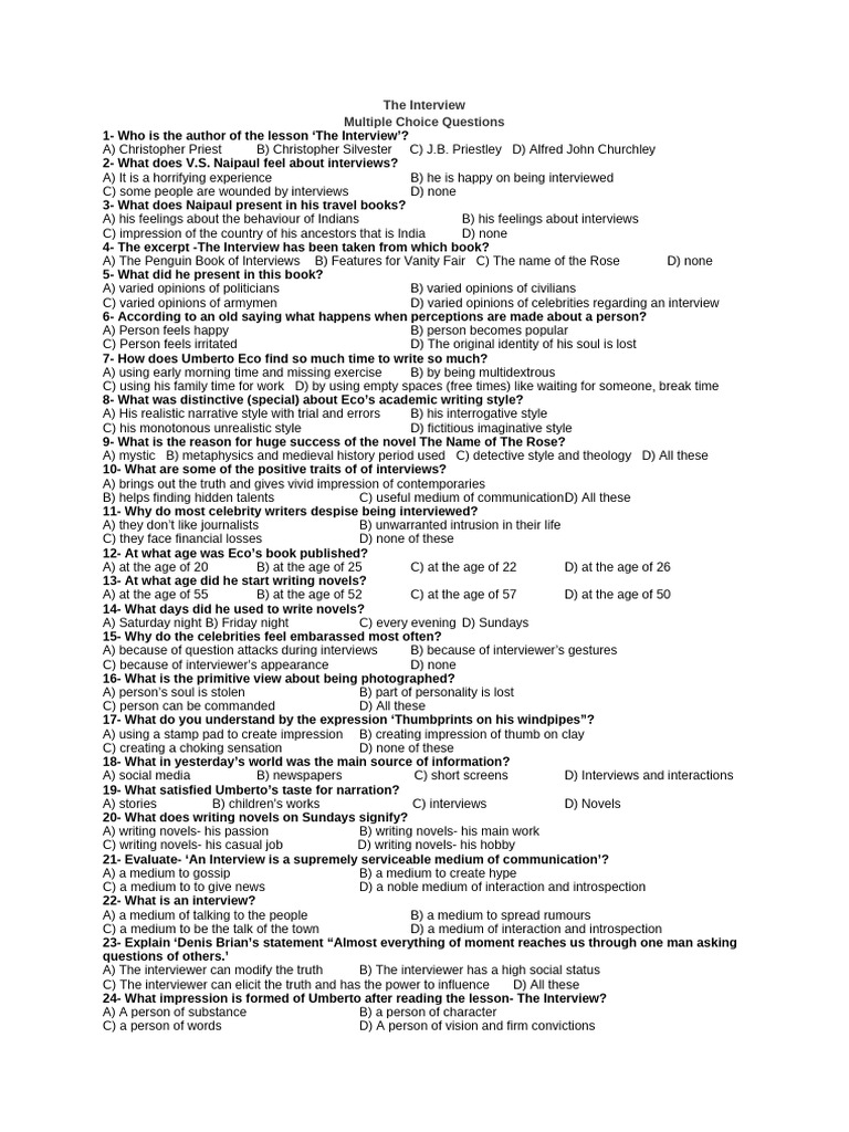 Multiple Choice Questions on 