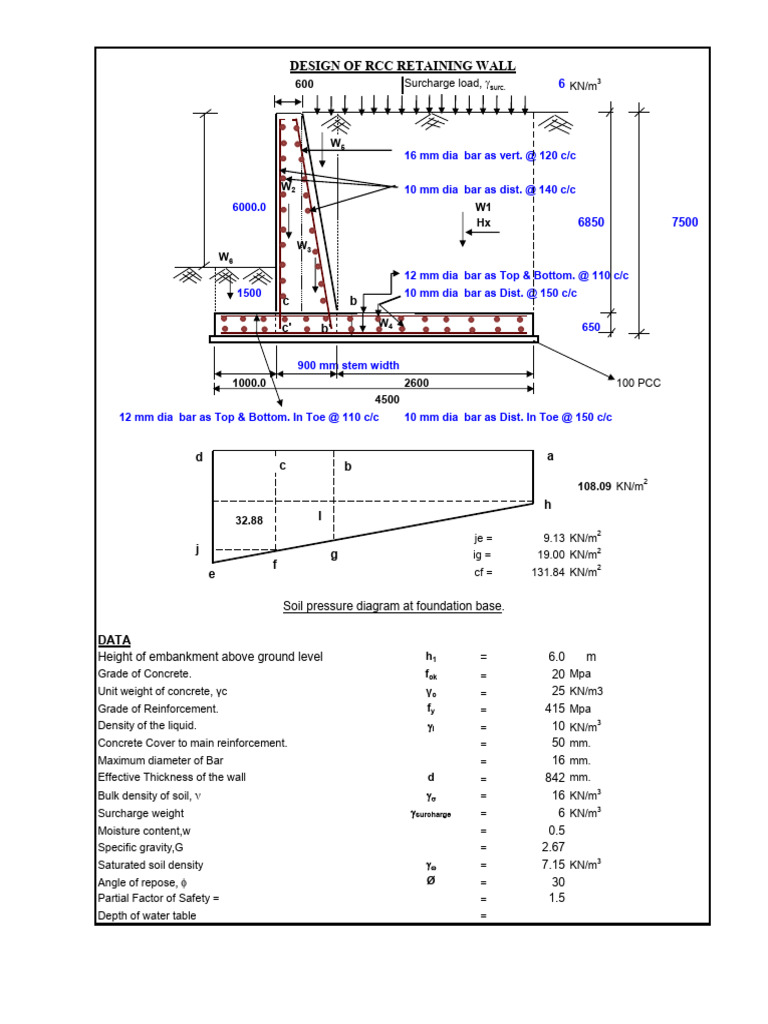 RCC Retaining Wall Design Calculations | PDF | Civil Engineering | Soil