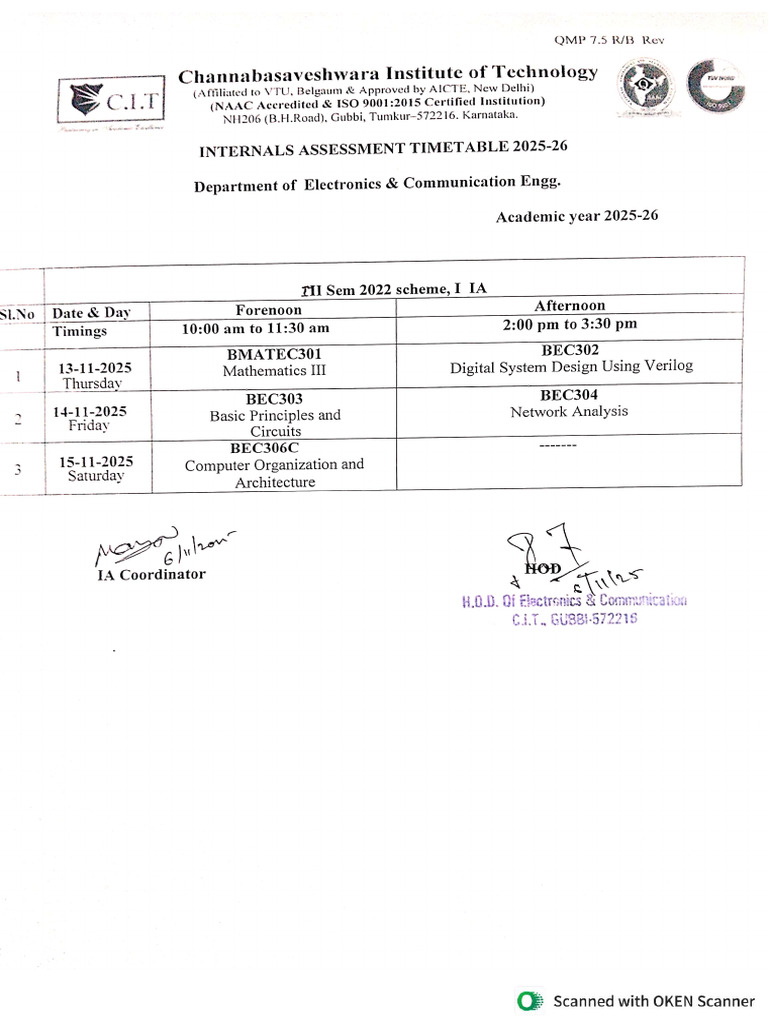 Third Sem 1st Internal Timetable. | PDF