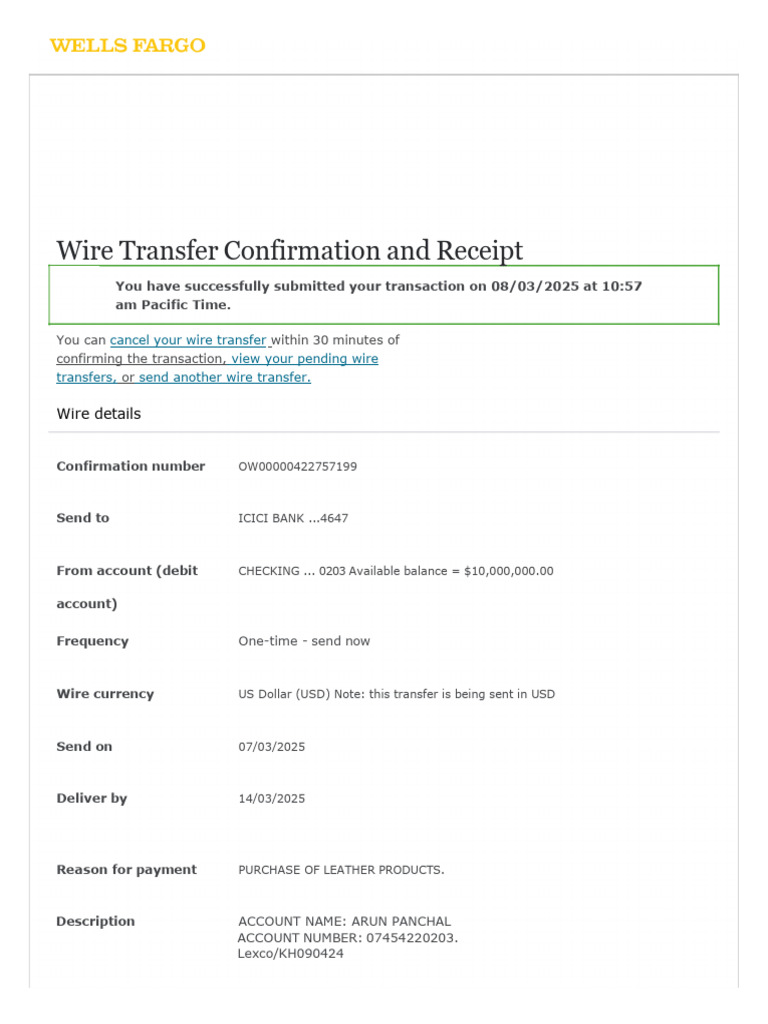 Wells Fargo Transfer Confirmation for Arun Panchal | PDF | Wire ...