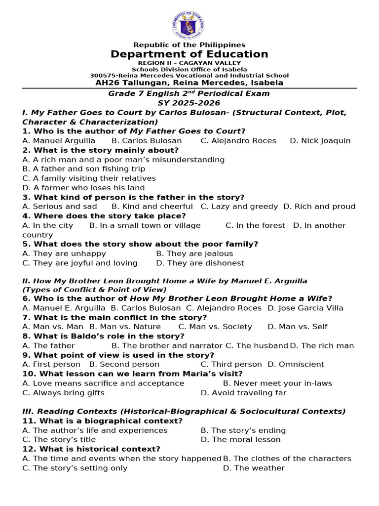 Grade 7 English Periodical Exam Guide | PDF