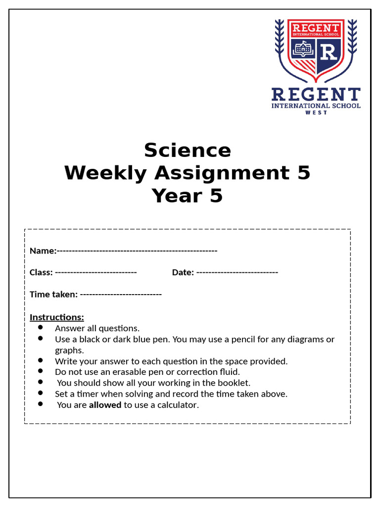 Year 5 Science Weekly Assignment | PDF