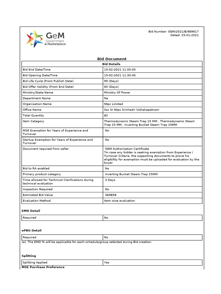 GeM Bidding 2094034 | PDF | Offer And Acceptance | Procurement