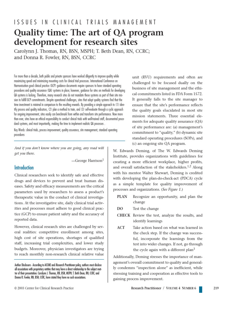 Quality Time The Art of QA Program Development For | PDF | Clinical ...