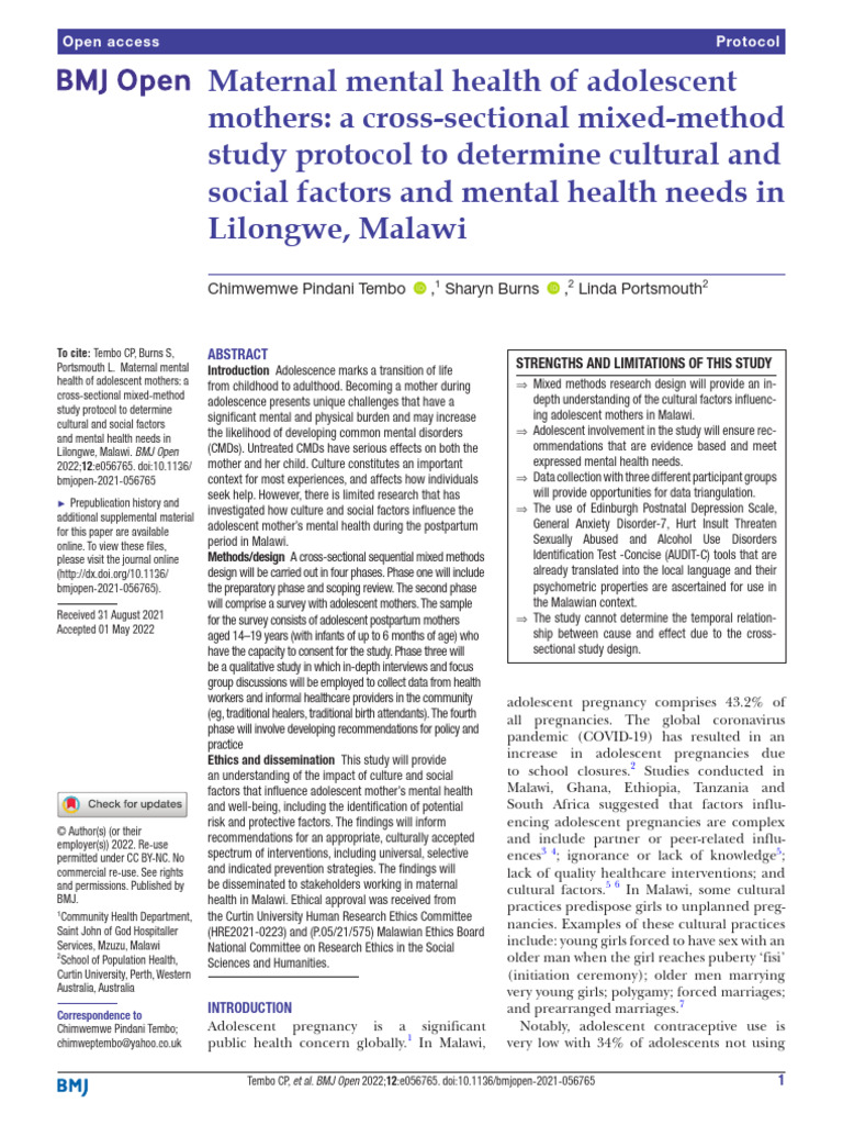 Maternal Mental Health of Adolescent Mothers - A Cross - Sectional ...