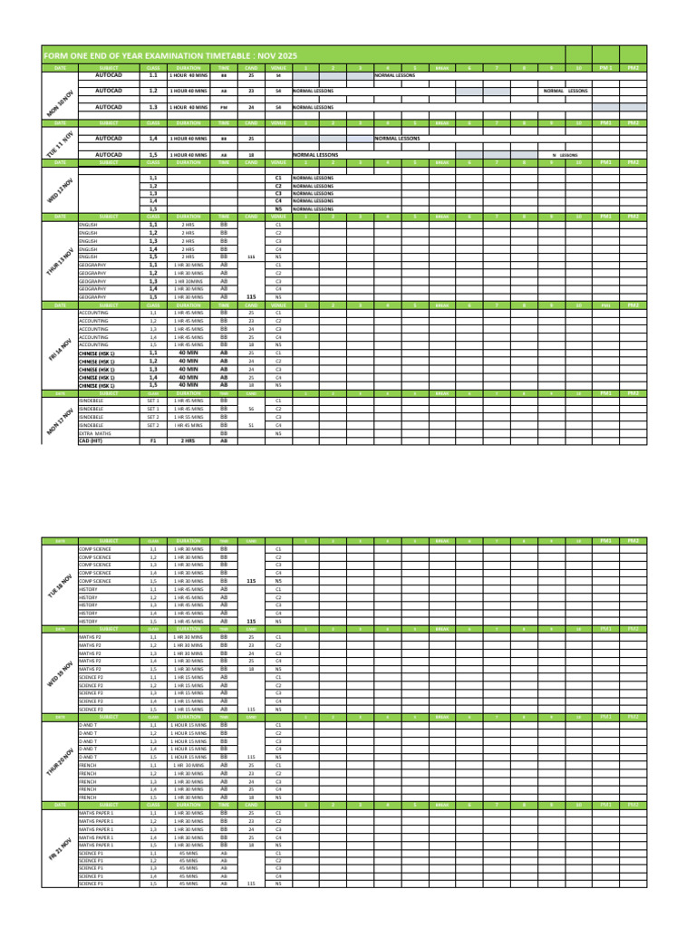 Form One Exam Timetable Nov 2025 | PDF
