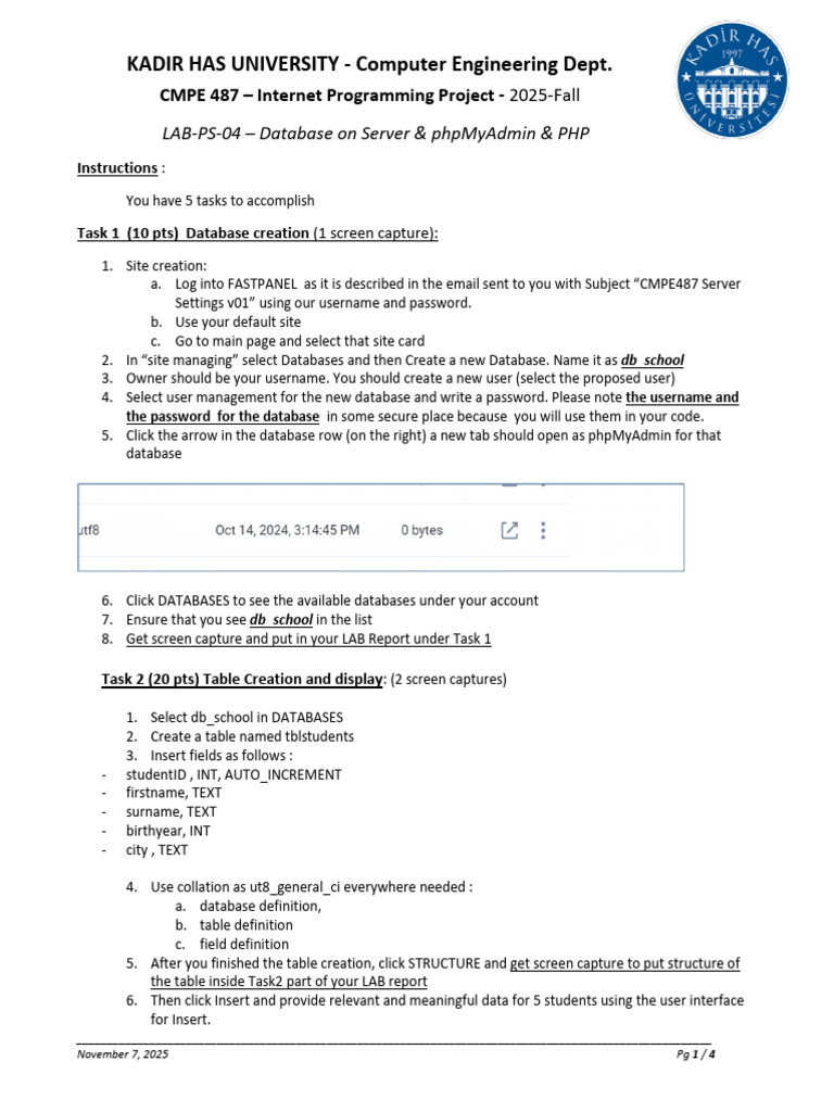 Database and PHP Tasks for CMPE 487 | PDF | Databases | Php
