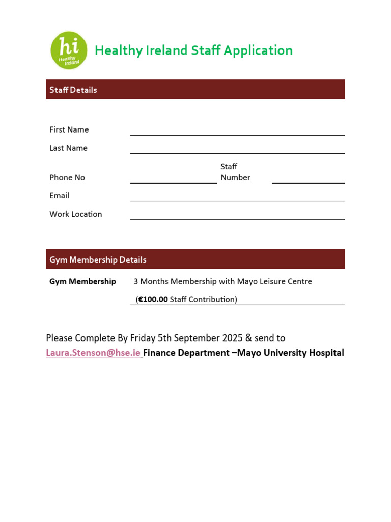 Healthy Ireland Staff Gym Membership Form | PDF
