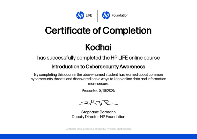 HP LIFE Cybersecurity Course Completion | PDF