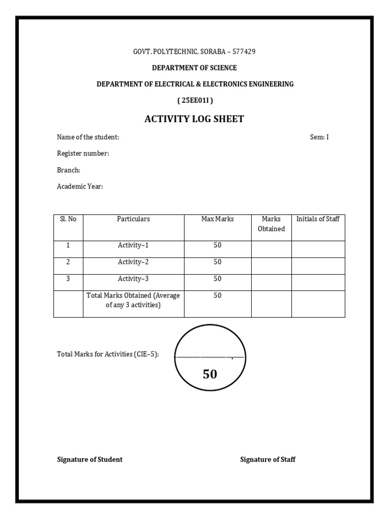 Activity Log Sheet: Department of Science Department of Electrical ...