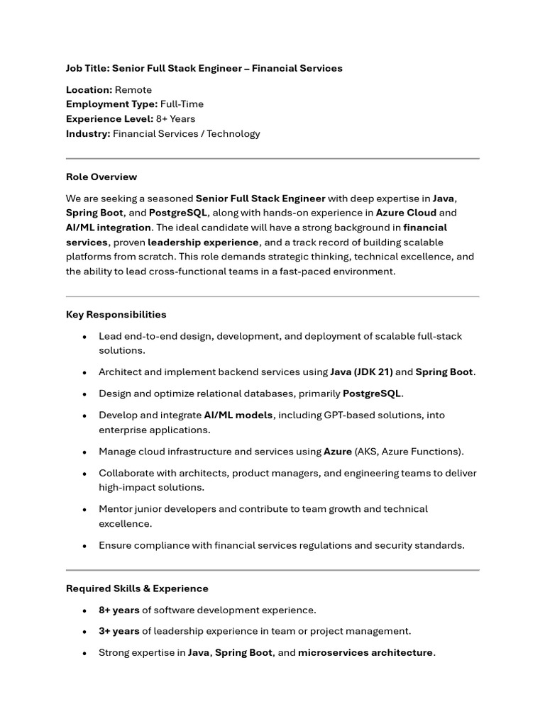 Senior Full Stack Engineer – Financial Services | PDF