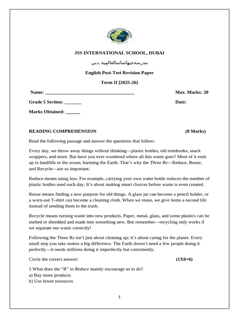 Grade 5 English Revision Paper 2025-26 | PDF | Waste | Recycling