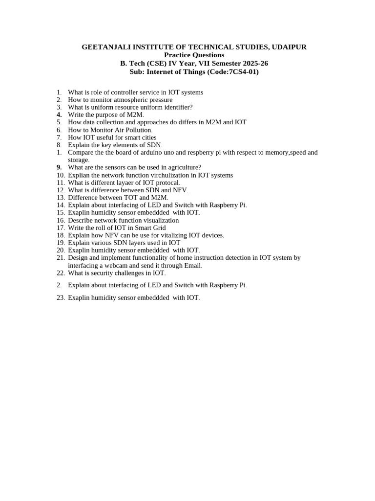 IoT Practice Questions for B. Tech CSE Students | PDF