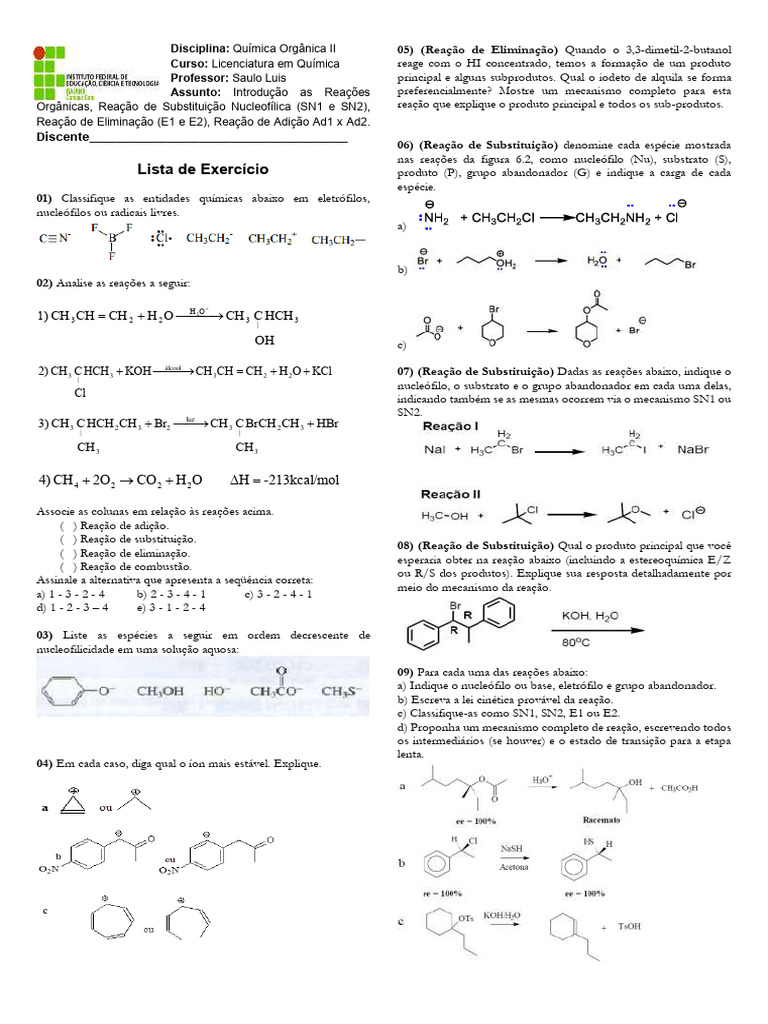 Reações Orgânicas: Exercícios e Mecanismos | PDF | Reações químicas ...