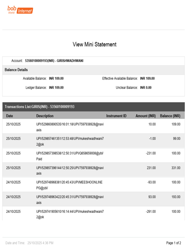 Mini Statement for Account 53560100009193 | PDF