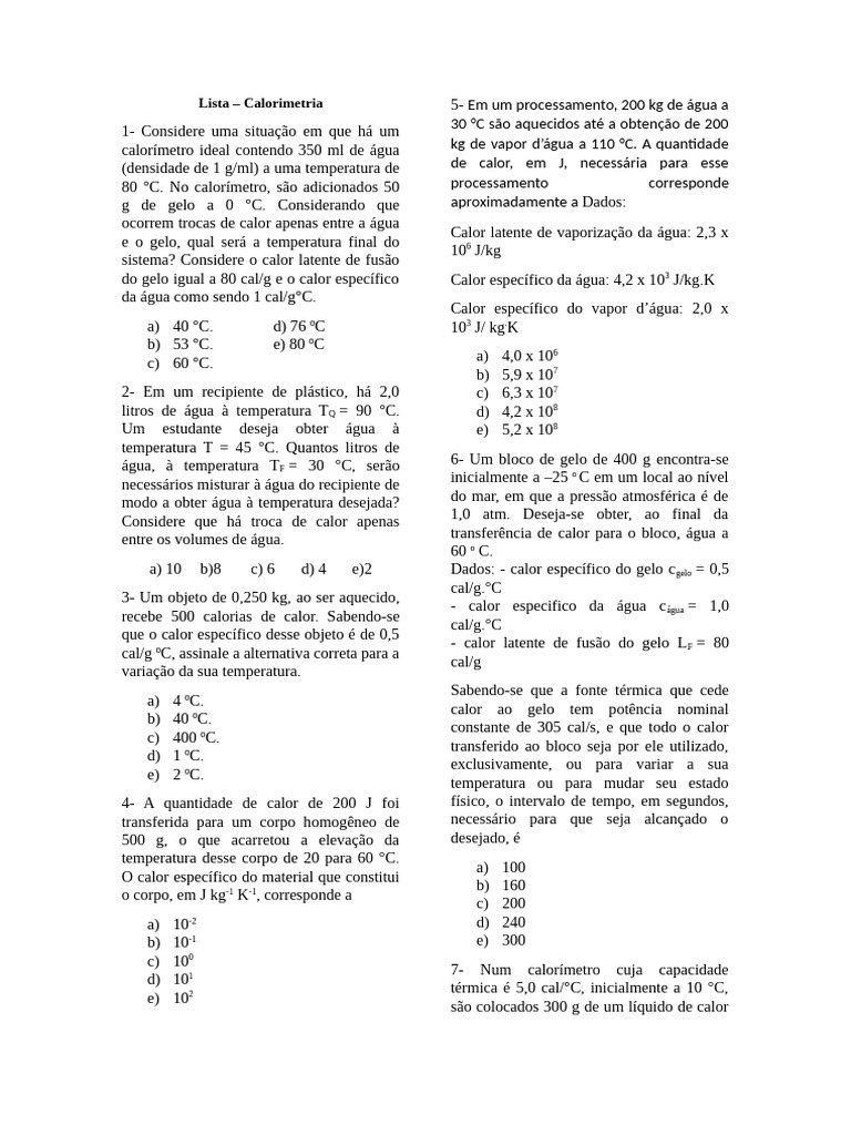Exercícios de Calorimetria e Termodinâmica | PDF | Calor | Temperatura