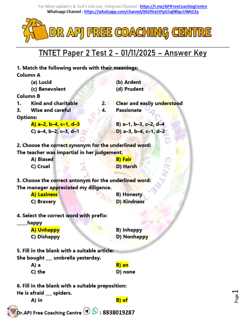 TNTET Paper 2 Test 2 Social - 01-11-2025 - Answer Key | PDF