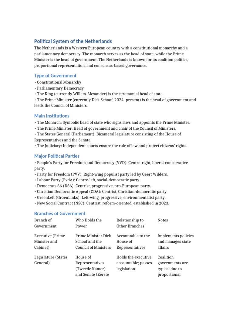Netherlands Political System Overview | PDF | Forms Of Government ...