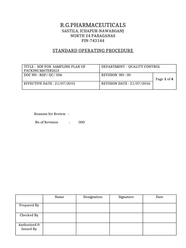 SOP for Packing Materials Sampling | PDF