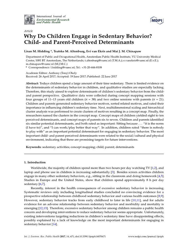 Why Do Children Engage in Sedentary Behavior Child and Parent Perceived ...