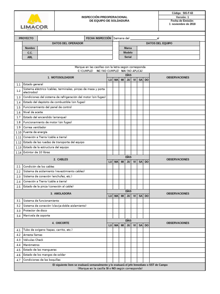 Sig F 63 Inspeccic3b3n Preoperacional Equipo de Soldadura | PDF