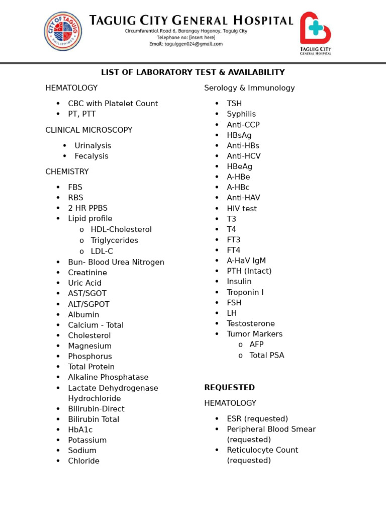 List of Laboratory Test & Availability TGH' | PDF | Serology | Medical ...