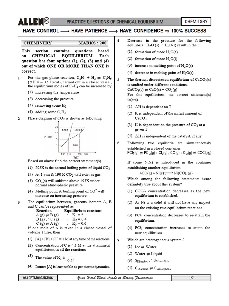 Chemical Equilibrium Practice Questions | PDF | Chemical Equilibrium ...