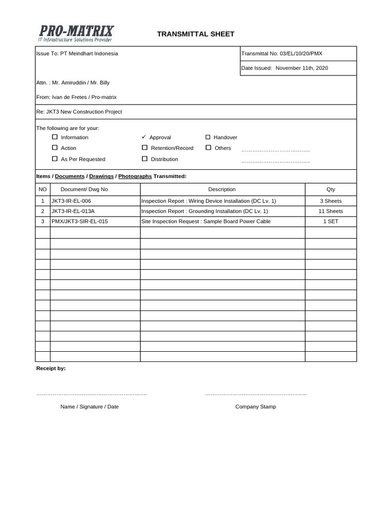 Transmittal Sheet JKT3 - EL003 | PDF