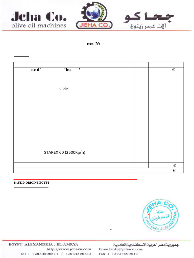 Facture Proforma Machine d'Huile d'Olive | PDF | Ingénierie mécanique