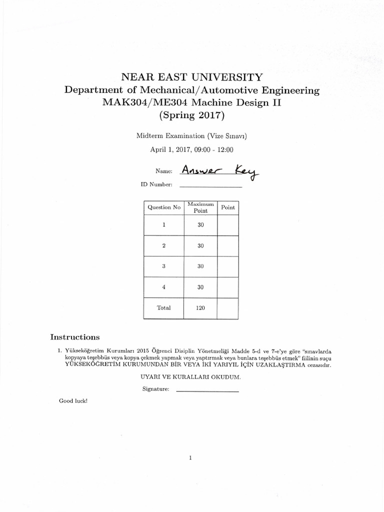 NEU ME 304 Machine Design II Spring 2017 Midterm Ans | PDF