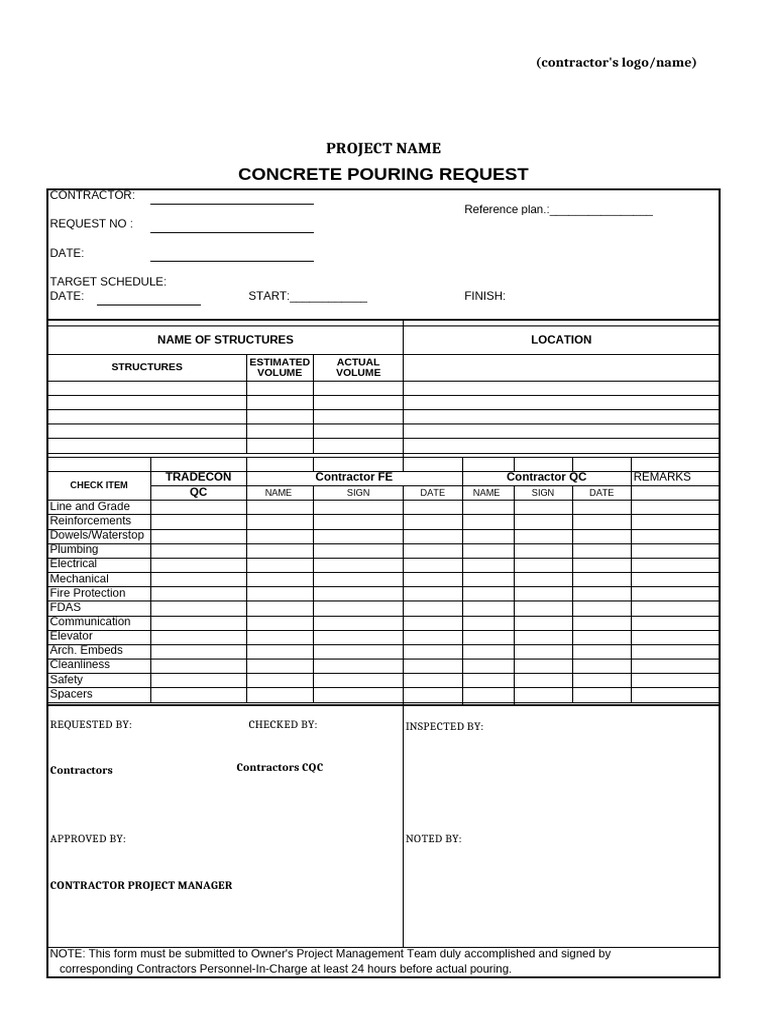 Concrete Pouring Request Form | PDF