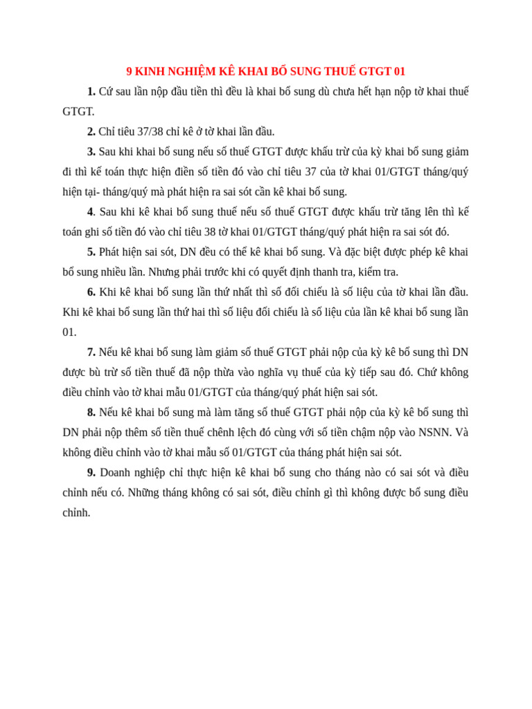 9 Kinh Nghiệm Kê Khai Bổ Sung Thuế Gtgt 01 | PDF