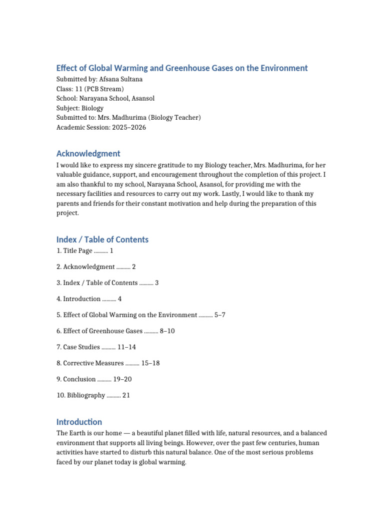 Effect of Global Warming Project Afsana Sultana | PDF | Greenhouse Gas ...