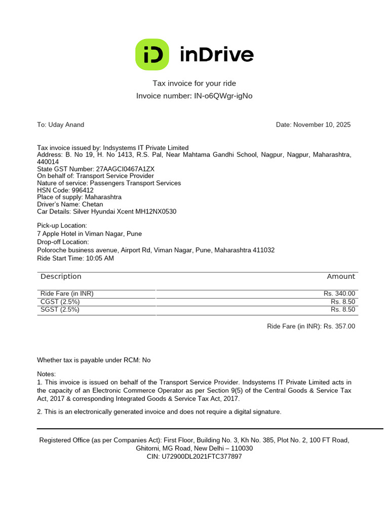 Tax Invoice For Your Ride Pdf