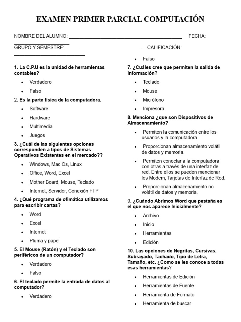 Examen Primer Parcial de Computación | PDF | Hardware de la computadora ...