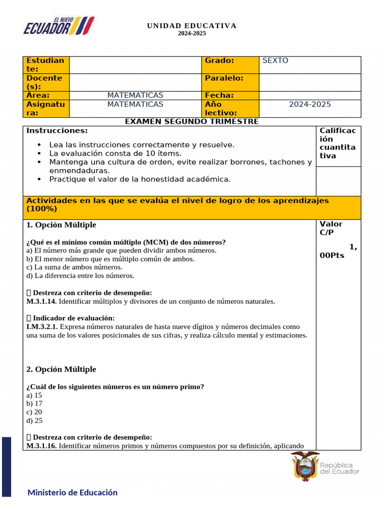 Examen de Matemáticas 6to Grado 2024-2025 | PDF | Triángulo | Rectángulo