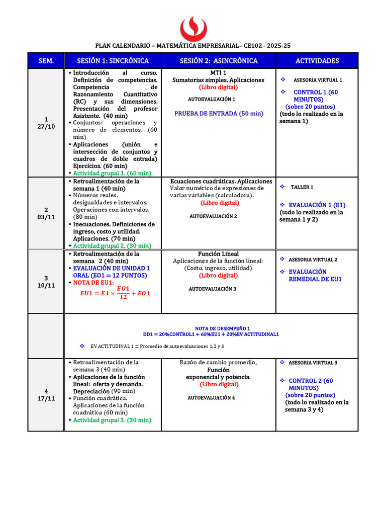 Ce102 Plan Calendario Virtual 2025-25 B | PDF | Cuestionario | Aprendizaje