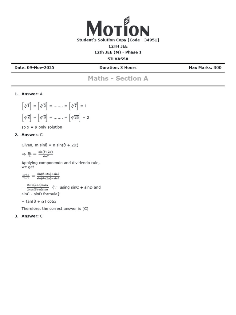 JEE 12th Maths Solutions - Phase 1 | PDF | Chess | Chess Theory