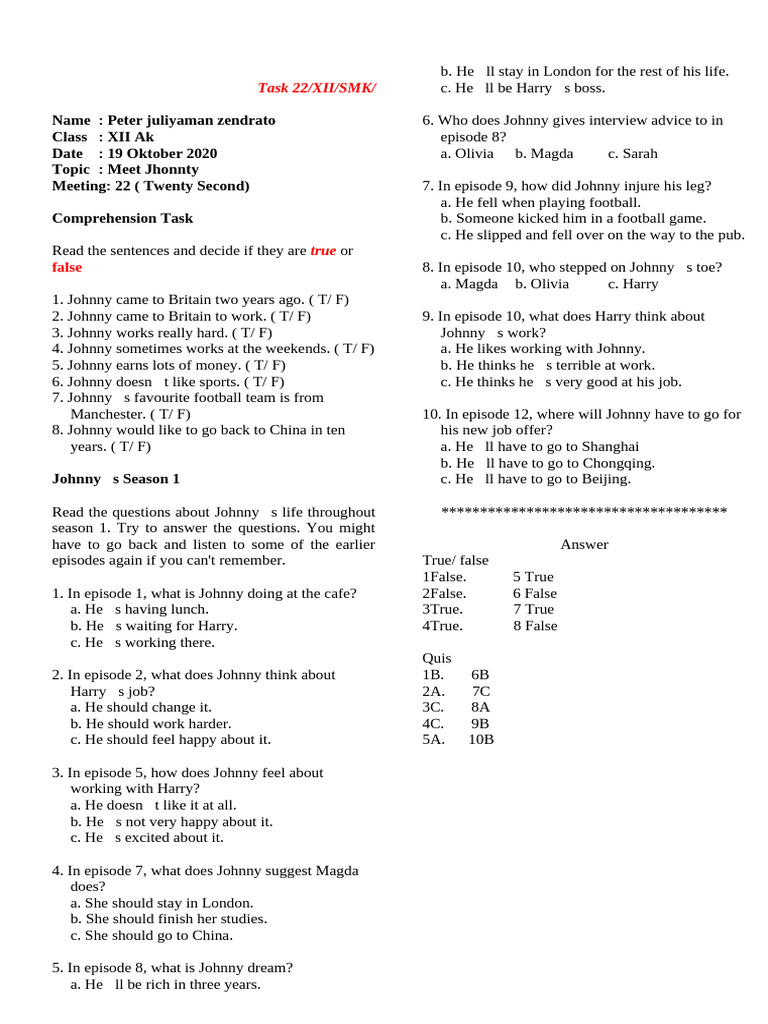 Johnny's Life: True/False Quiz & Answers | PDF | Chess Theory | Chess