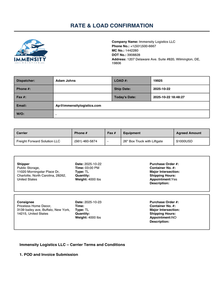 Immensity Logistics Load Confirmation | PDF | Cargo | Indemnity