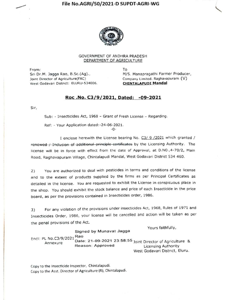 Pesticide Licence_Mana Pragathi FPCL | PDF